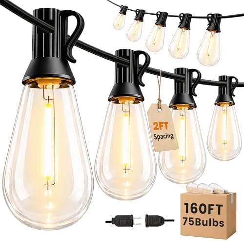 Outdoor String Lights 160FT(150+10) Waterproof, 75 LED S14 Shatterproof Edison Bulbs, 2FT Spacing, Extension Cord, Connectable Plug in Hanging Patio Lights for Outside, Backyard, Warm White by Unknown