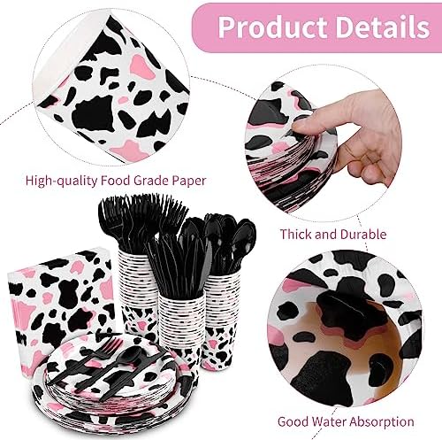durony 350 Pieces Pink Cow Print Party Tableware Set Including Cowgirl Pink Cow Party Plates Cups Napkins Knives Forks Spoons Serves 50 for Baby Shower Farm Cow Party Decorations - Image 3