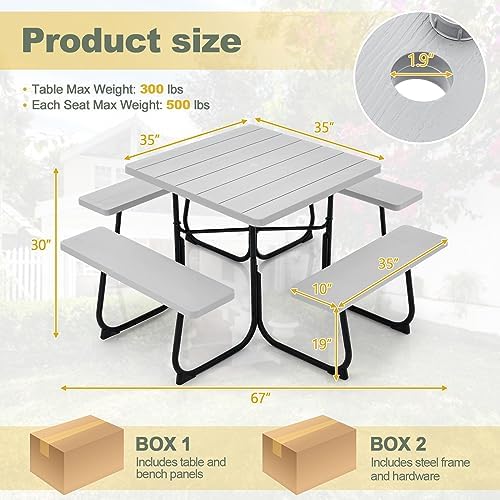 Tangkula 8 Person Square Picnic Table with 4 Built-in Benches, Grey - Image 3