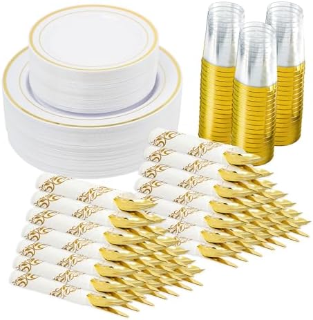 Fijinhom 350Pcs Gold Disposable Plates, Plastic Dinnerware Set for 50Guests by Fijinhom