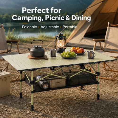 Portable Folding Camping Table, Adjustable Height, Beige, 47 x 21 in - Image 7
