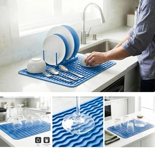 MicoYang Silicone Dish Drying Mat — Quick-Dry Ridges Counter & Sink Pad, Heat-Resistant Trivet to 450°F, Non-Slip & Dishwasher Safe, Roll-Up Storage, 18 Colors & 9 Sizes (Lichen Blue, 16"×12") - Image 4