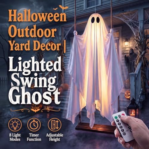 Halloween Decorations Outdoor, 5 FT Hanging Swing Ghost with String Lights​​, Light Up Large Spooky Cute Decor Kit, Scary Party Decoration for Outside, Garden, Yard, Lawn, Home - Image 3