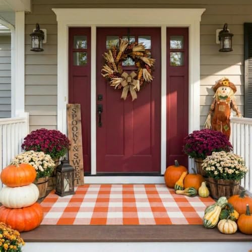 SEEKSEE Halloween Decor Buffalo Plaid Outdoor Rug 3' x 5' Orange and White Front Door Mat, Layering Rug for Porch, Halloween Doormat, Front Porch Rug for Outdoor Entrance Entryway Patio Porch Decor - Image 3