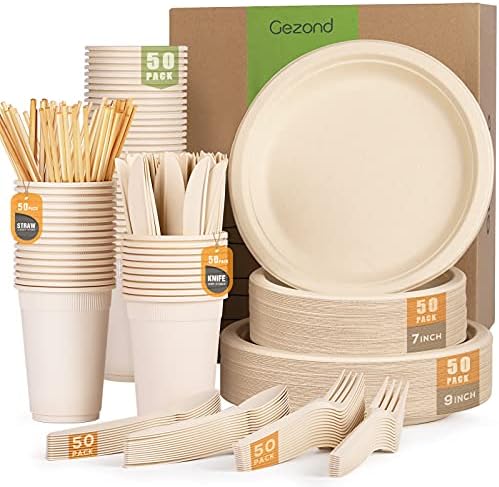 Gezond 350pcs Compostable Plates Set Heavy-duty Disposable Plates Utensils by Gezond%C2%AE