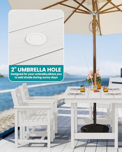 SERWALL 7 Pcs Outdoor Dining Set, 67" HDPE Dining Set for 6, White - Image 2