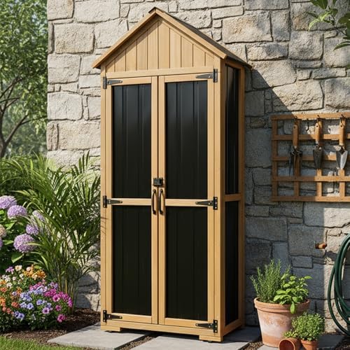 Outdoor Storage Cabinet Waterproof, Outdoor Storage Shed with Shelves, Wood & Metal Patio Backyard Garden Storage Cabinet Tool Organizer for Outside by PETSCOSSET