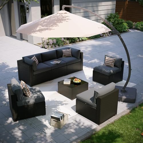 Aoxun Patio Furniture Set with Umbrella, 8 Piece Outdoor Sectional Sofas, Wicker Rattan Outdoor Furniture with Thickened Cushion for Backyard, Garden Light Grey by Aoxun
