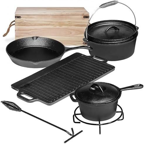 Bruntmor Camping Cooking Set Of 7. Pre Seasoned Cast Iron Pots And Pans Dutch Oven With Lids For Outdoor Comefire. Grill Cookware Skillet Sets With Storage Box by Bruntmor