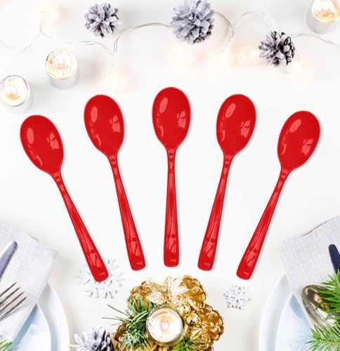 SietDESEO 25 PCS Red Plastic Spoons Disposable Utensils Heavy Duty Red Spoons Disposable Cutlery for Birthday Wedding Baby Shower Bridal Shower Plastic Silverware - Image 2