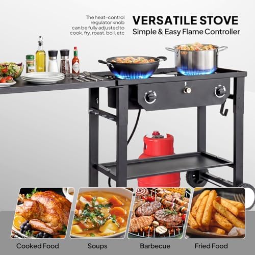 Bonnlo 2 Burner Propane Gas Stove with Work Station & Auto Ignition, 150,000 BTU Portable Camping Stove with Wheels & Regulator, Outdoor Propane Stove for Backyard Patio Cooking BBQ - Image 4