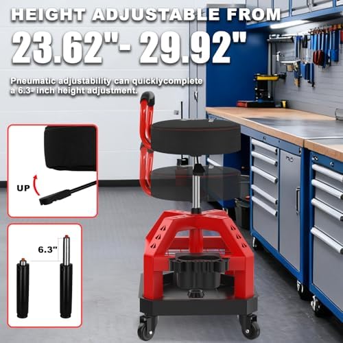 Rolling Shop Stool with Wheels, Heavy Duty Garage Work Mechanic Stool with Backrest, Adjustable Height 360°Swivel Rolling Chair with Tool Tray Storage, 330 LBS Capacity, Red - Image 4