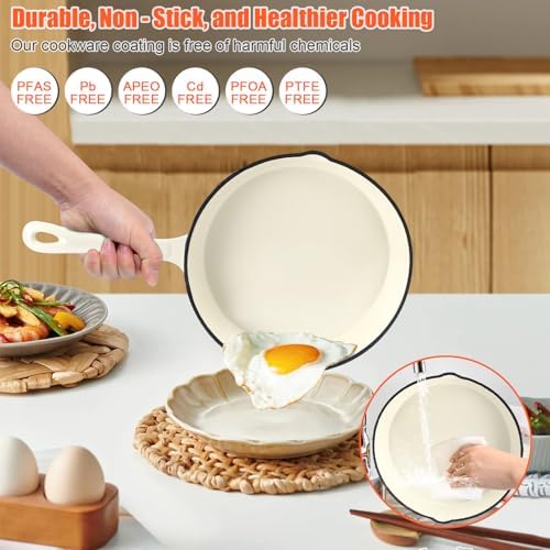 Nonstick Enameled Cast Iron Cookware Set- 3 Frying Pan and 1Piece Pots with Lid, Skillet, Heavy Duty Cookware, Dutch Oven Set for All Stovetops, Ideal for Sourdough Bread Baking,Cream White - Image 4