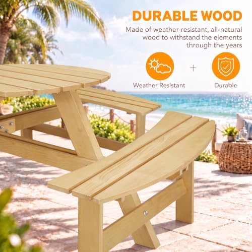 8 Person Wooden Picnic Table, Outdoor Round Picnic Table with 4 Built-in Benches, Umbrella Hole, Outside Table and Bench Set for Patio, Backyard, 500lbs Capacity Per Bench (Nature - 8 Person) - Image 3