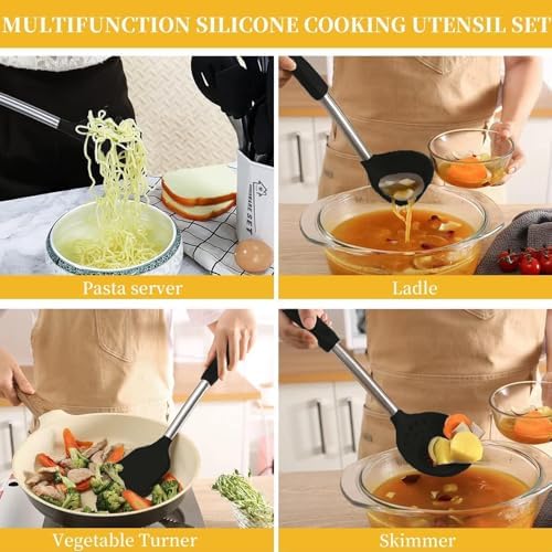 Silicone Kitchen Cooking Utensils Set with Stainless Steel Handle, Spatula Set Utensil Set, Cooking Utensil Set,Kitchen Tools Gadgets for Nonstick Cookware (35, Black) - Image 2