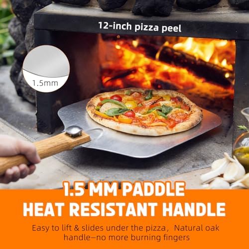 Pizza Peel and Pan Set, 6 Piece Pizza Oven Accessories, 12 Inch Metal Pizza Paddle with Foldable Wooden Handle, 8 Inch Metal Peel, Rocker Cutter, Server, Stainless Steel Plates and Tongs - Image 4