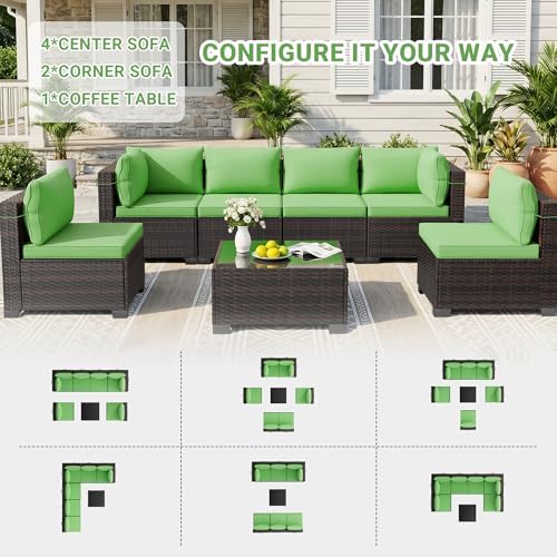 LEVELEVE 7 Pieces Outdoor Patio Furniture Sets,Rattan Conversation Sectional Set,Manual Weaving Wicker Patio Sofa with Tea Table - Image 3