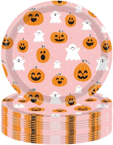 50Pcs Halloween Party Plates Ghost Spooktacular Halloween Paper Plates 7Inch Pumpkin Ghost Plates Orange White Boo Paper Plates for Haunted House Themed Boo Pumpkin Birthday Party Decorations (orange) by HSPAIDYP