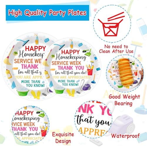 96Pcs Colorful Happy Housekeeping Week Paper Plates and Napkins We Appreciate You Disposable Tableware Thanks for All You Do Party Plate for 24 Guests Housekeepers Appreciation Party Supplies - Image 3