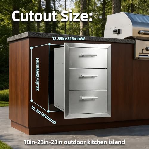 Outdoor Kitchen Drawers 18" x 23" x 23" Stainless Steel Triple Drawer Cabinet with Handles, Flush Mount Modular Storage for BBQ Islands & Patios - Image 2