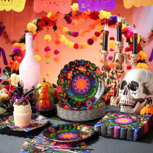 Roshtia 120 Pcs Day of the Dead Plates and Napkins Set, Mandala - Image 5