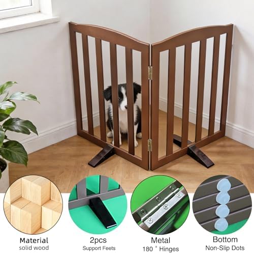 Freestanding Dog Gate Indoor,Doggie Gate Foldable Pet Gates for Doorways,Stairs or Hallways, Wooden Brown Pet Gate for the House, Pet Fence with Support Feet Included,32 "Height-2 Panels - Image 5