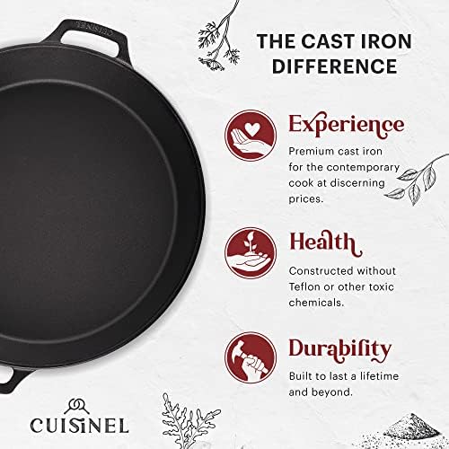 Cuisinel Cast Iron Skillet + Glass Lid + Red Chainmail Scrubber - 15"-Inch Dual Handle Braiser Frying Pan + Silicone Handle Covers - Pre-Seasoned Oven Cookware - Indoor/Outdoor. PFAS and PFOA-free - Image 2