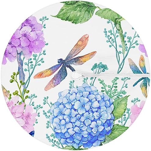 Fitted Round Tablecloth with Umbrella Hole and Zipper Flowers Hydrangeas Outdoor Elastic Table Cloth 45"-56" Oil-Proof Waterproof Dragonflies Patio Table Cover for Picnic Party - Image 6