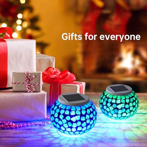 WSgift Color Changing Solar Powered Glass Mosaic Ball Led Garden Lights Rechargeable Outdoor Waterproof Solar Night Lights Table Lamps for Decorations Blue - Image 5