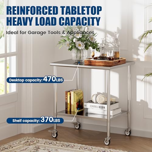 Stainless Steel Work Table with Wheels, 30x36 Inch NSF Kitchen Prep Table with Adjustable Undershelf for Commercial Restaurant, Garage, Outdoor BBQ - Image 2