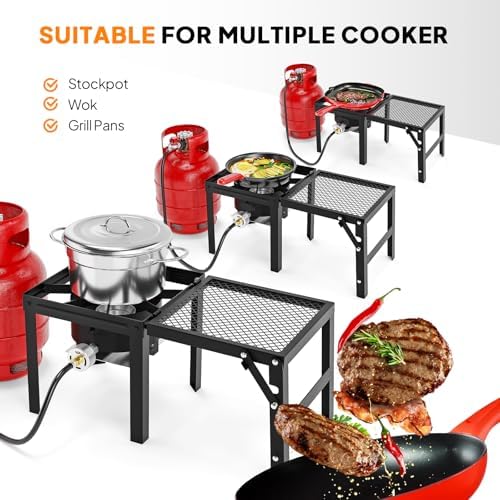 Bonnlo Single Burner Propane Stove with Foldable Side Shelf, 75000BTU Portable Propane Burner with Adjustment Regulator, Gas Stove for Outdoor Camping Patio Cooking Turkey Frying Seafood Boiling - Image 4