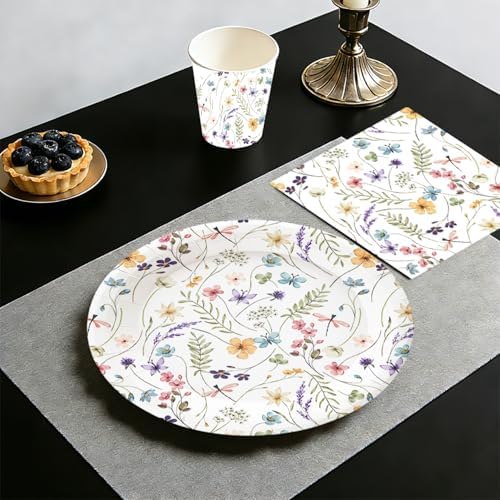 100Pcs Wildflower Party Supplies Spring Floral Wedding Birthday Decoration Include Wildflower Plates Napkins and Cups for Spring Summer Picnic Wedding Baby Shower Tea Party Decor,Serve 25 (White) - Image 5