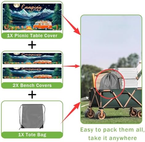 Picnic Table Cover with Bench Covers and Bag, Forest Mountain Lake Fitted Outdoor Table Covers, Camping Essentials, Windproof & Waterproof Tablecloth Cover with Elastic Edge, 3 PCS, 30x60 Inch - Image 7