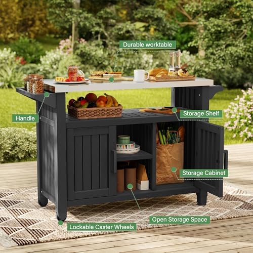 Bifanuo Outdoor Grill Table Grill Cart with Stainless Steel Top & Storage Cabinet for Food Prep and Storage, Portable and Durable with Wheels(Black) - Image 4