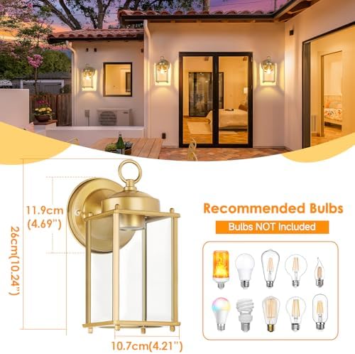 MATAMEYE Large Outdoor Wall Lantern, Exterior Waterproof Wall Sconce Light Fixtures, Gold Front Door Lighting with Clear Beveled Glass, Anti-Rust E26 Socket Porch Lamp, 2 Pack - Image 2