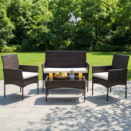 DUMOS 4-Piece Patio Furniture Set, Outdoor Rattan Seating Chair, Brown - Image 2