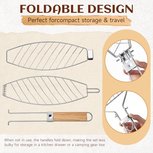 Didaey 3 Pcs Fish Grilling Basket Set 2 Sizes Stainless Steel BBQ Grill Baskets and a Silicone Basting Brush Foldable Handle and Lockable Design for Outdoor BBQ Camping Grills Father's Day Gift - Image 5