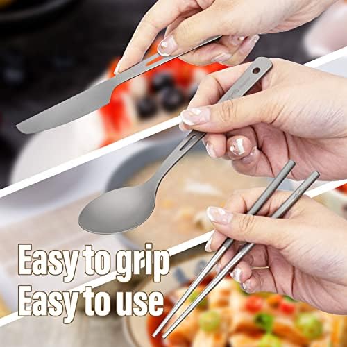 TiTo Titanium Cutlery Set Titanium Spoon Spork Knife Chopsticks Straw Portable Lightweight Outdoor Flatware Extra Strong 3/4/5 Piece Straw for Home Use/Travel/Camping/Picnic/Hiking Tableware (4-Piece) - Image 6