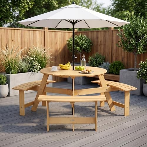 6 Person Wooden Picnic Table, Outdoor Round Picnic Table with 4 Built-in Benches, Umbrella Hole, Outside Table and Bench Set for Patio, Backyard, 500lbs Capacity Per Bench (Nature - 6person) - Image 5