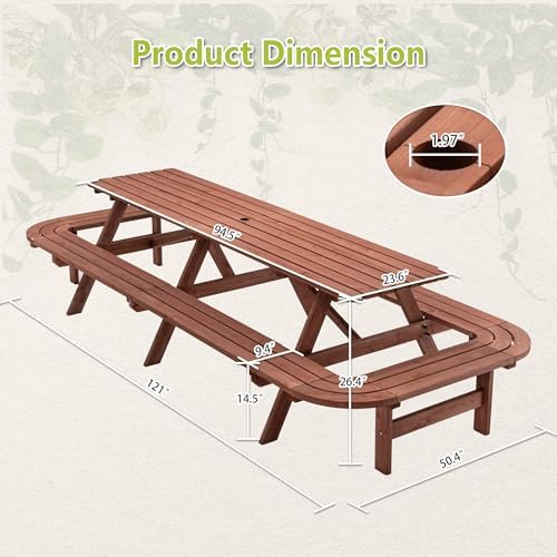 121'' Large Outdoor Dining Table, Rectangular Wooden Patio Dining Table & 2 Built-in Bench for 16, 2" Umbrella Hole, Suitable for Backyard Garden Porch, Brown - Image 2