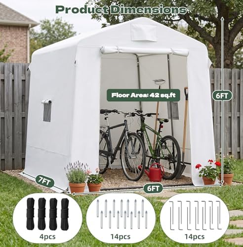 Outdoor Storage Shed 7x6x6 Ft, Heavey-Duty PE Fabric Waterproof Garden Shed Storage Tent with Steel Frame for Backyard(White) - Image 2