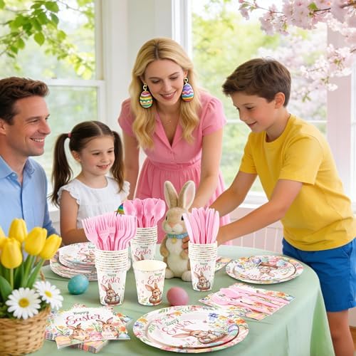 Kochorie 175 Pieces Easter Paper Plates and Napkins Disposable Colorful Eggs Easter Bunny Flower Tableware Set 7 Inch & 9 Inch Plates Napkins Cups Cutlery for Spring Holiday Party Decor, Serve 25 - Image 6
