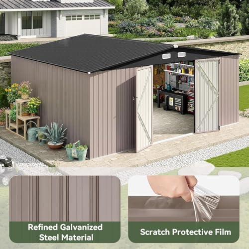 Aoxun 14x12 FT Outdoor Storage Shed, Metal Shed with Lockable Doors, Brown - Image 6