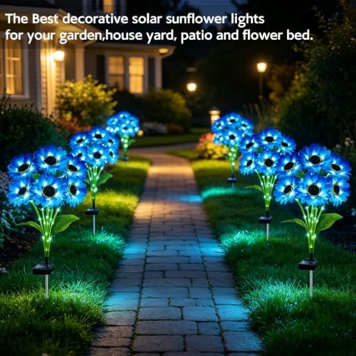 Solar Sunflower Lights Outdoor Garden Decor, 4 Pack Solar Blue Flowers Lights with 24 Sunflowers, Waterproof Fall Decor Stake Decorative Light Auto ON/Off for Garden Yard Patio, Gift for Women - Image 5