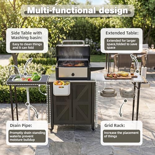 Outdoor Grill Cart with Stainless Steel Top, Outdoor Kitchen Island BBQ Prep Table, Storage Cabinet, Mobile Grill Cart with Folding Hanging Trash Bin, Wheels, Side Shelf for Patio, Garden, Picnic - Image 4