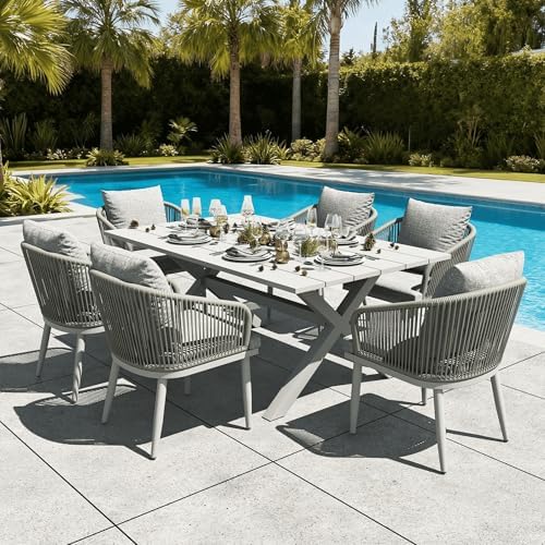 LayinSun 7 Pieces Outdoor Patio Dining Set, Aluminium Rectangular Dining Table and Wicker Rattan Chairs Set for Outside Backyard, Poolside by LayinSun