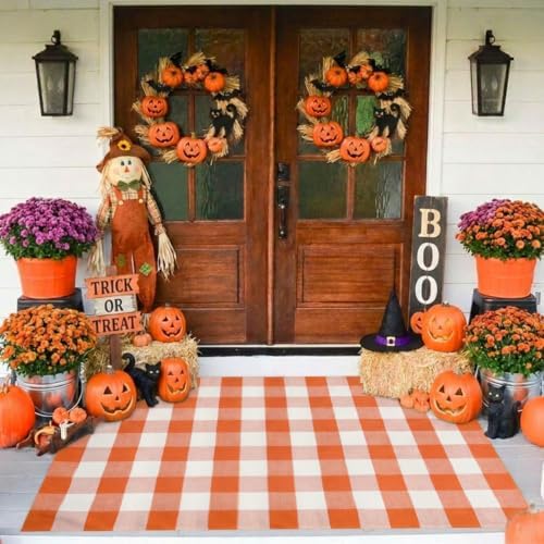 SEEKSEE Halloween Decor Buffalo Plaid Rug 4' x 6' Orange and White Large Front Door Mat, Layering Area Rug, Halloween Rug for Outdoor Patio Entryway Indoor Living Room Kitchen Dining Room Decor by SEEKSEE