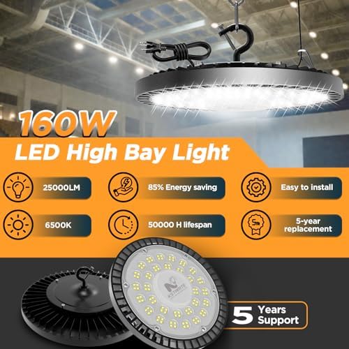 160W UFO High Bay LED Shop Lights, 6 Pack 25000LM Garage Lights - Image 2