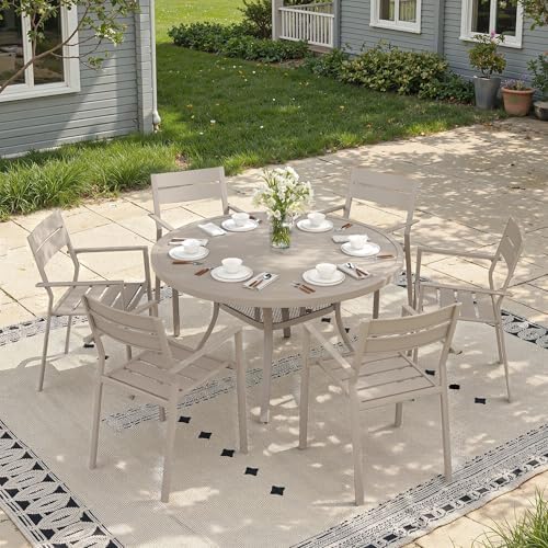 47.2" Patio Dining Table for 6, Round Outdoor Metal Dining Table with Umbrella Hole for Lawn Garden Backyard, Sandshell - Image 4
