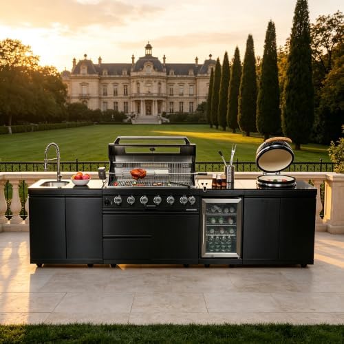 128'' LPG Outdoor Kitchen Island with Grill, 85000 BTU, 6-Burner, Black - Image 7